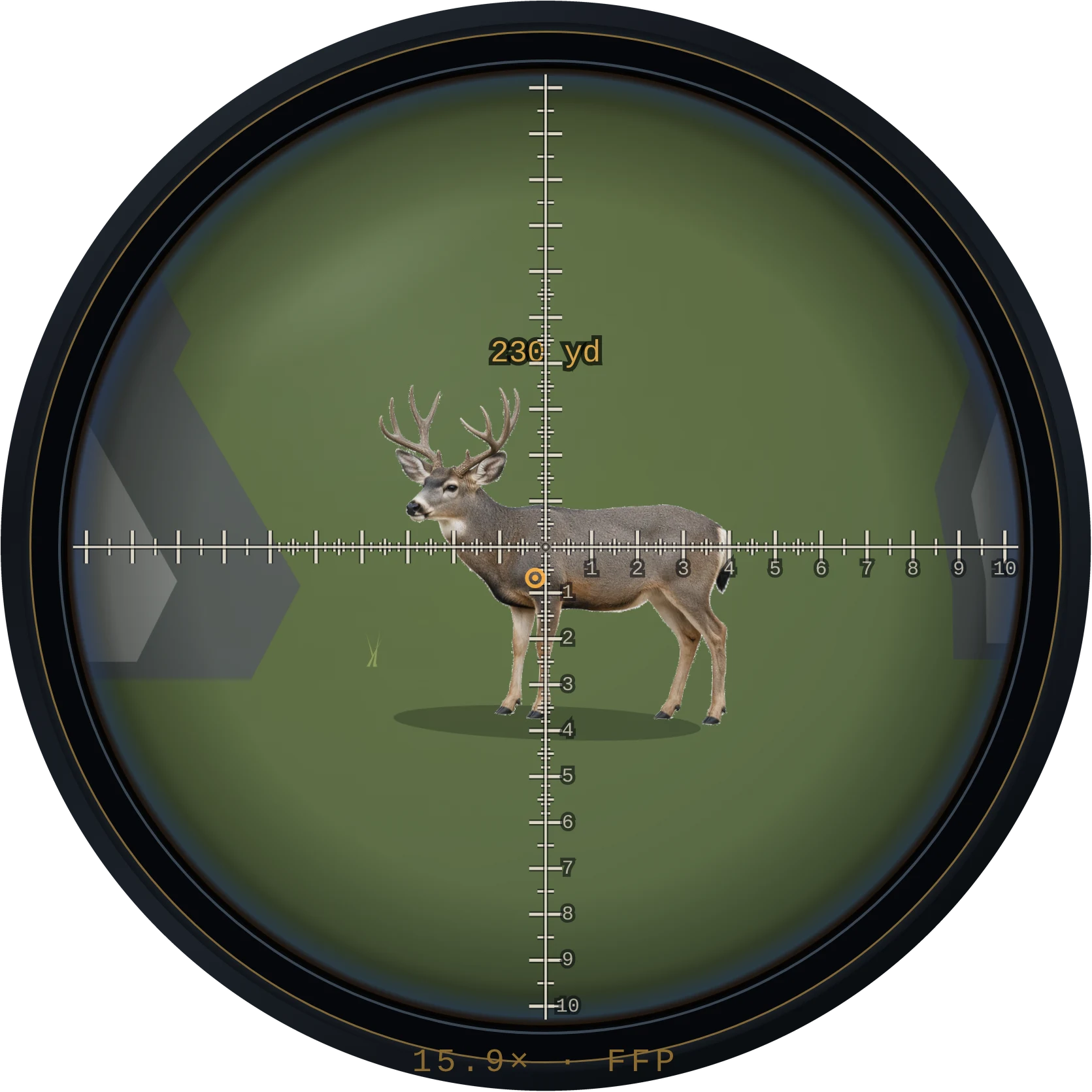 Actual ZeroDope scope view: a mule deer buck on an uphill face at 230 yards, mil reticle at 15.9×, laser return tag over the animal.