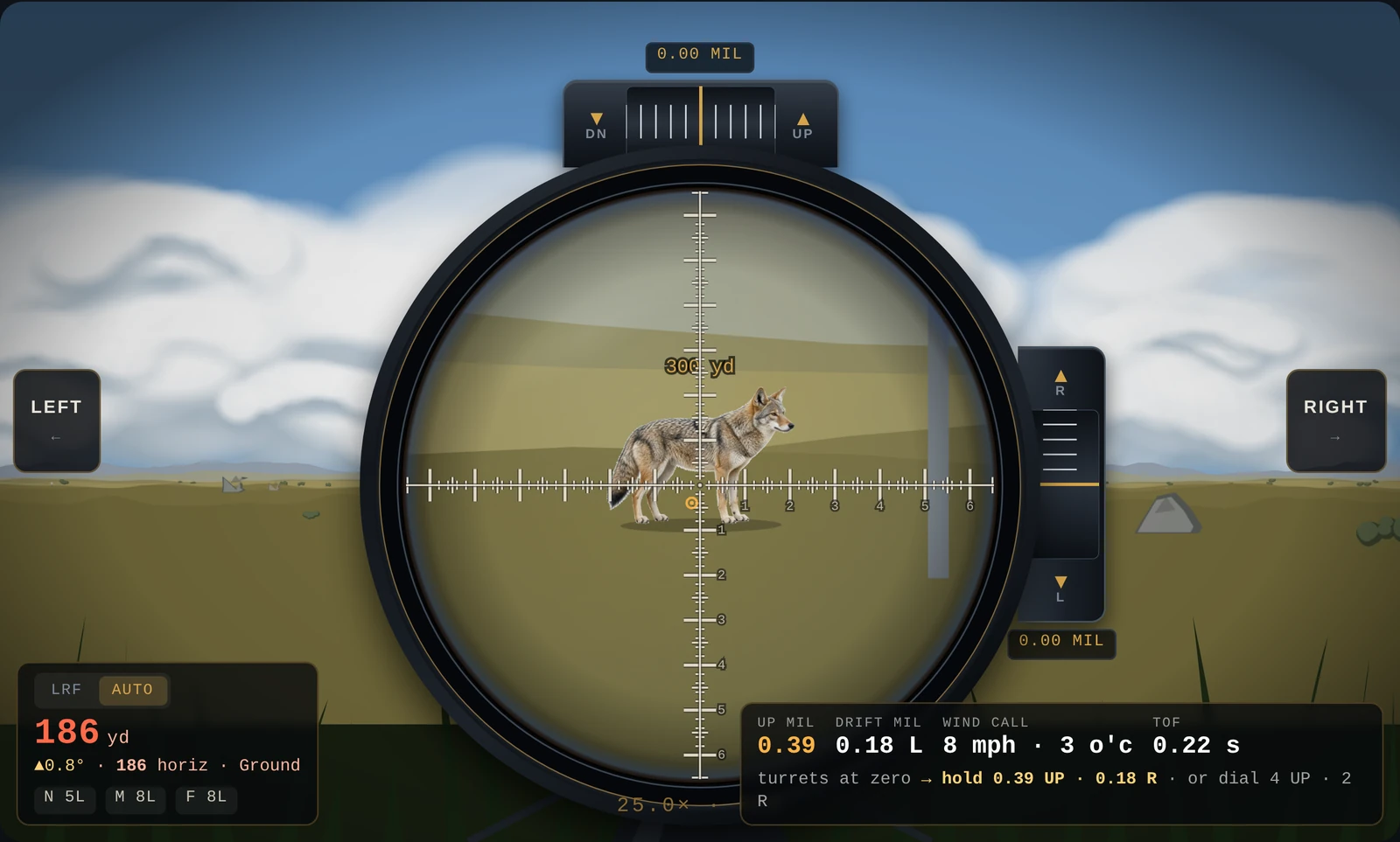 Actual app: MOVERS mode on the prairie, a moving target with lead readout in the HUD.