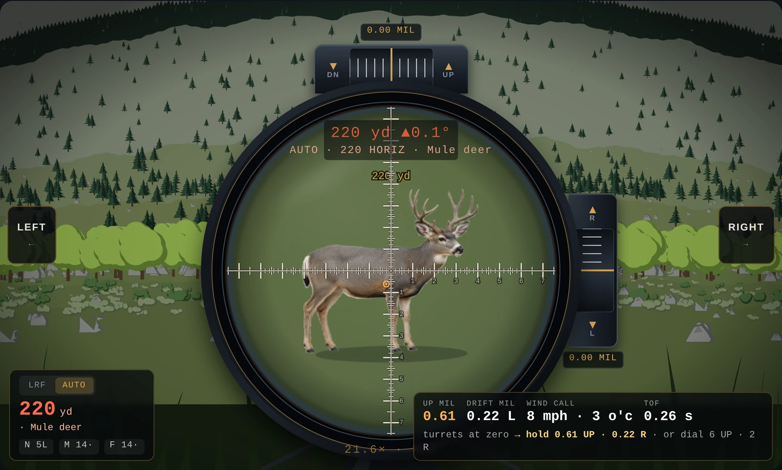 Actual app: full rifle stage, glassing up a mountain face in HUNT mode, HUD panels on the corners of the stage.